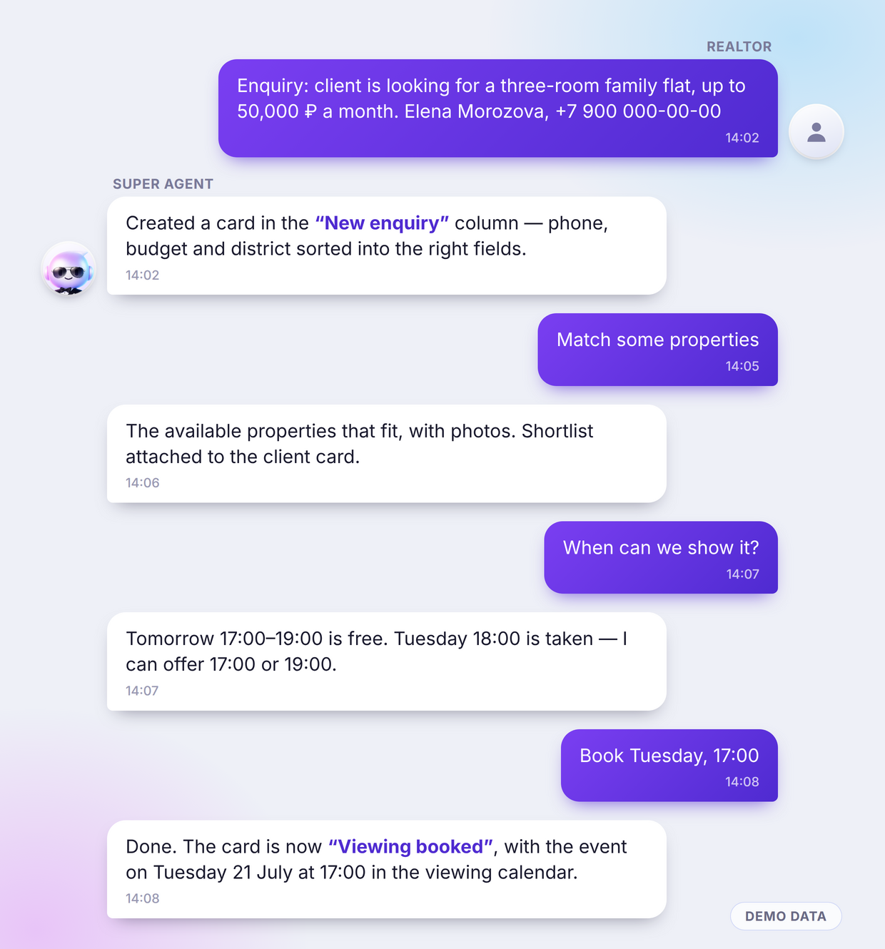 Those four messages in Telegram or Max — the conversation is demo data The realtor's chat with the agent: enquiry, shortlist, free slots and a booked viewing