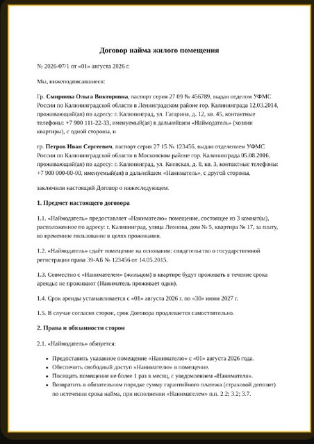 Договор найма жилого помещения, заполненный агентом по шаблону агентства