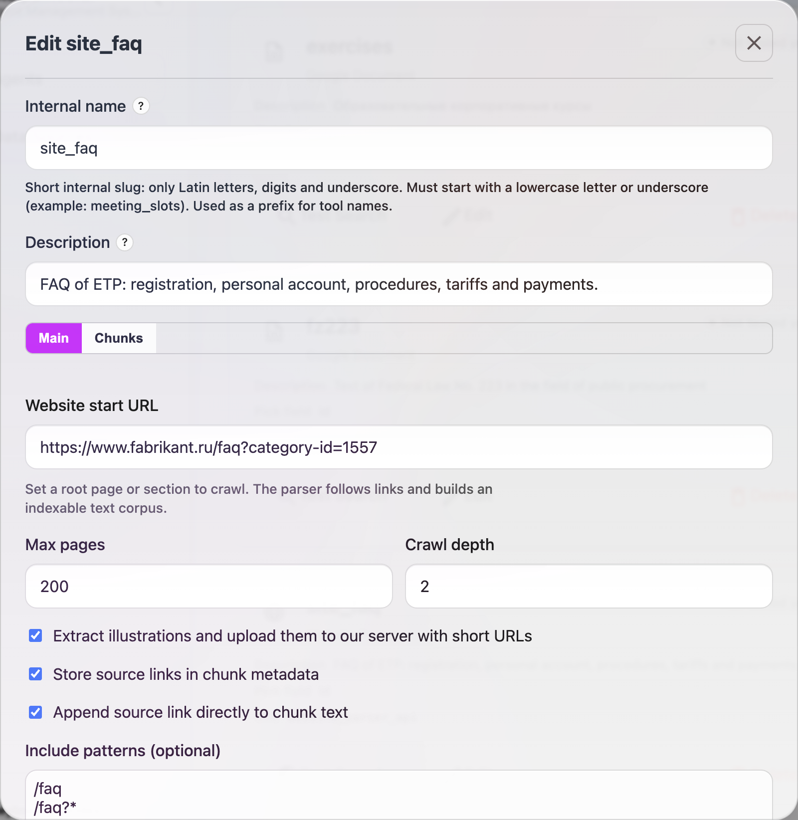 Web parsing data source configuration and details